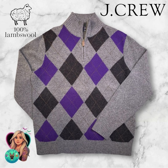J. Crew Other - J.Crew Mens Large Lambswool Argyle Quarter Zip Sweater Elbow Patches Gray Purple